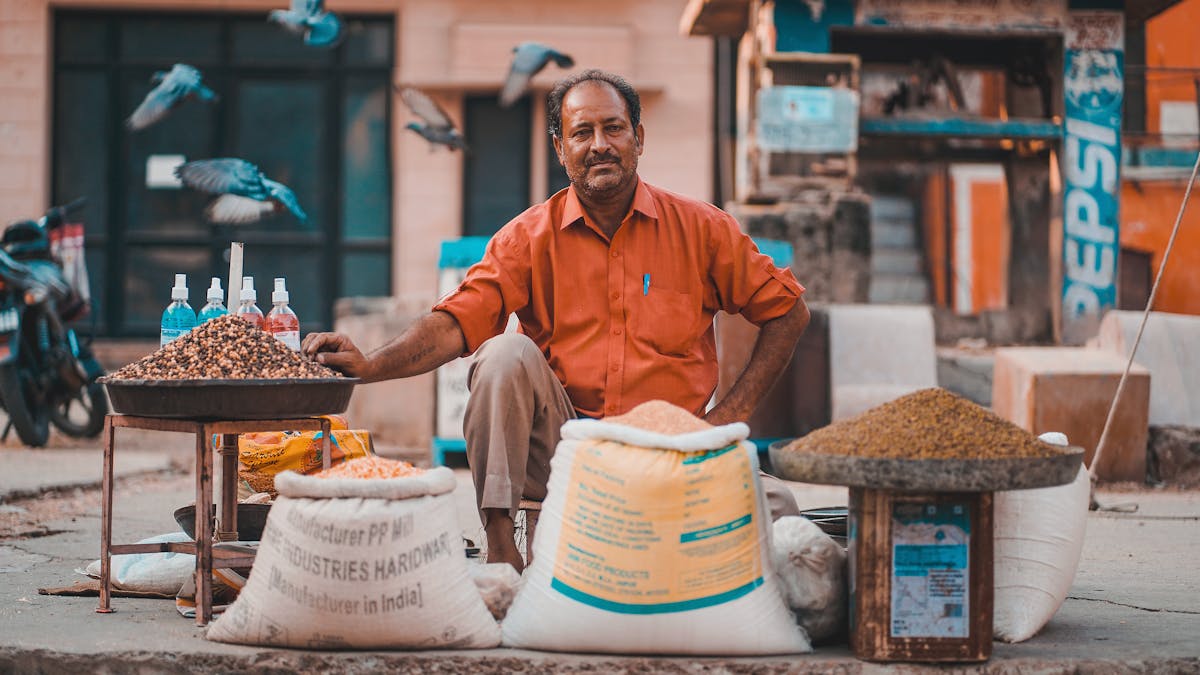 Indian street vendor in Jaipur sitting with grain and seed bags &mdash; small business