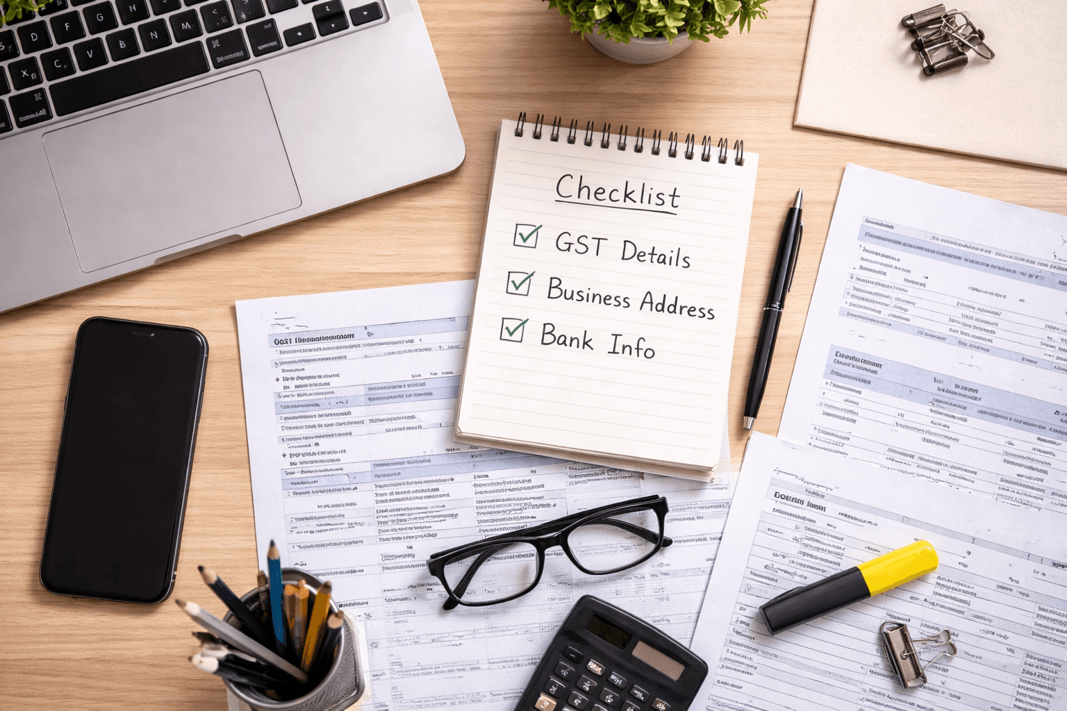 Documents required for Udyam registration check online Laptop phone notepad and documents ready for Udyam registration check online