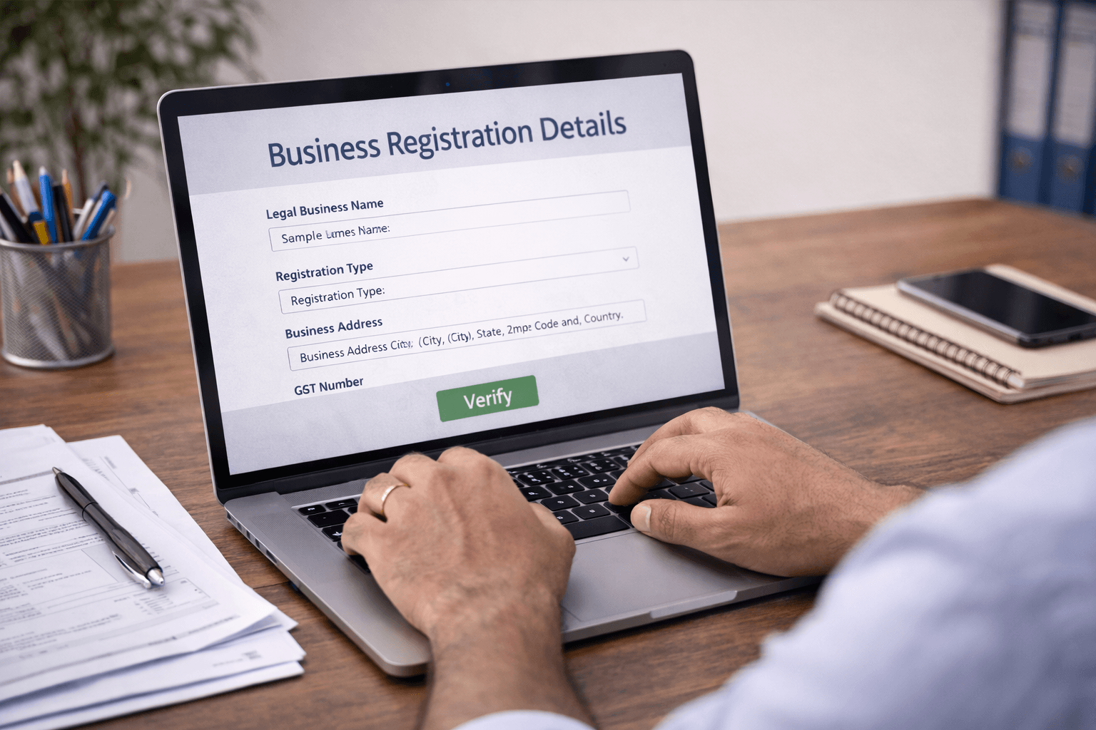 Udyam registration number check online using laptop Close up of hands using laptop for Udyam registration number check online